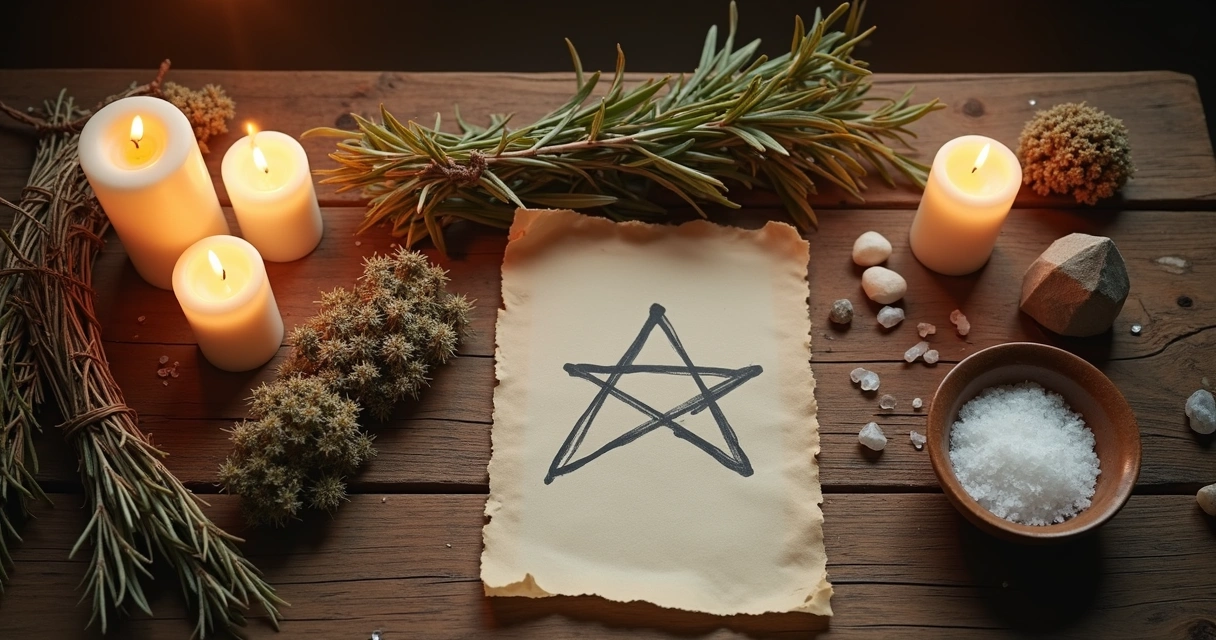 Velas e ervas dispostas para proteção espiritual 