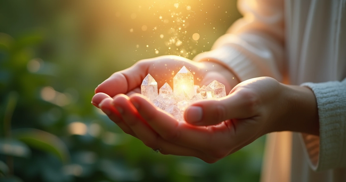 Mãos segurando cristais brilhantes envoltos por uma aura de luz branca e dourada 