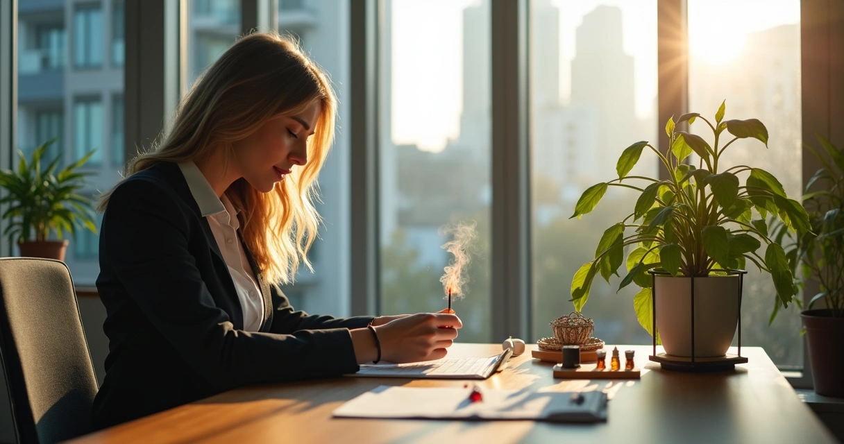Pessoa acendendo incenso em um ambiente de escritório moderno 