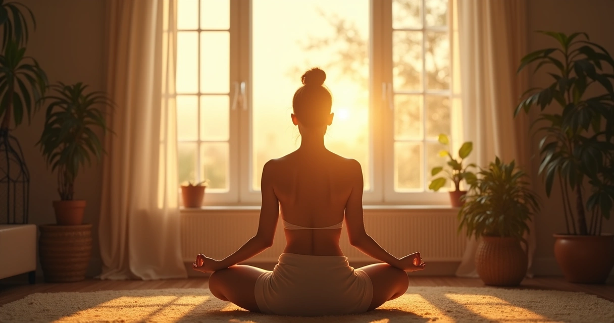 Pessoa sentada meditando, envolta por luz suave invisível