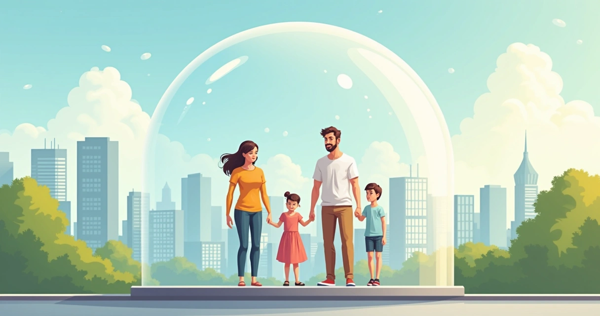 Família protegida por uma barreira transparente representando o seguro de vida 