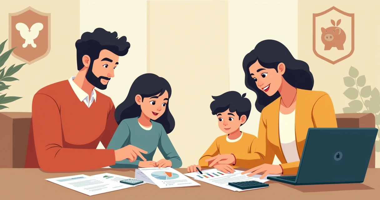 Família reunida ao redor de documentos financeiros, símbolo de proteção 