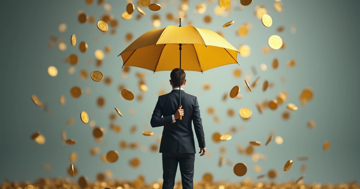 Homem usando guarda-chuva dourado para proteger moedas caindo, fundo neutro 