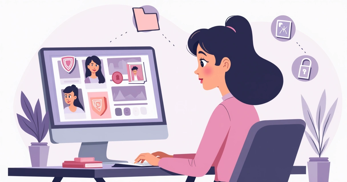 Mulher no computador protegendo fotos pessoais digitais