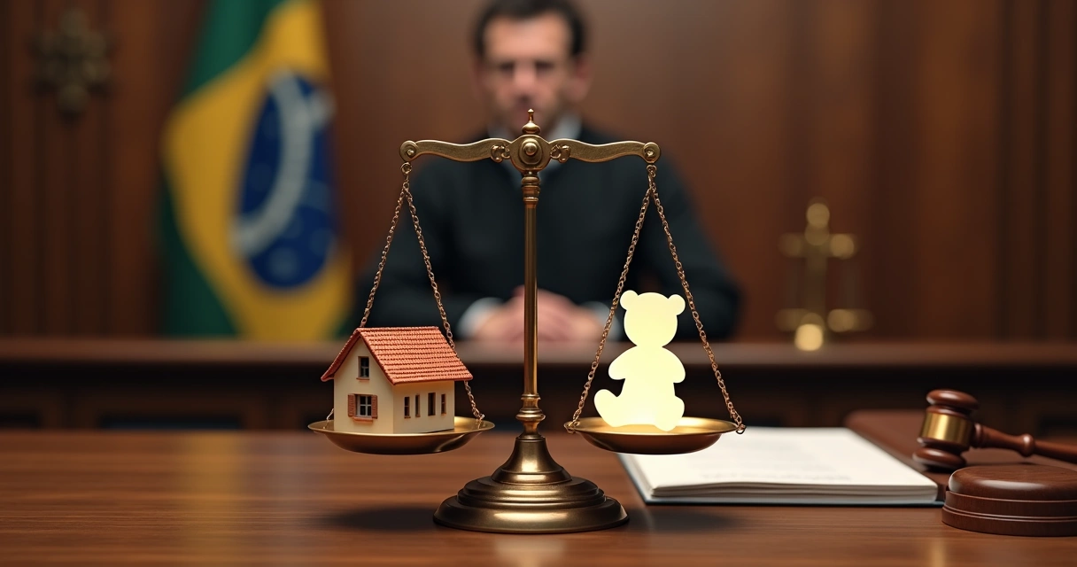 Juiz sentado à mesa com miniatura de casa e silhueta de criança em destaque na balança da justiça 