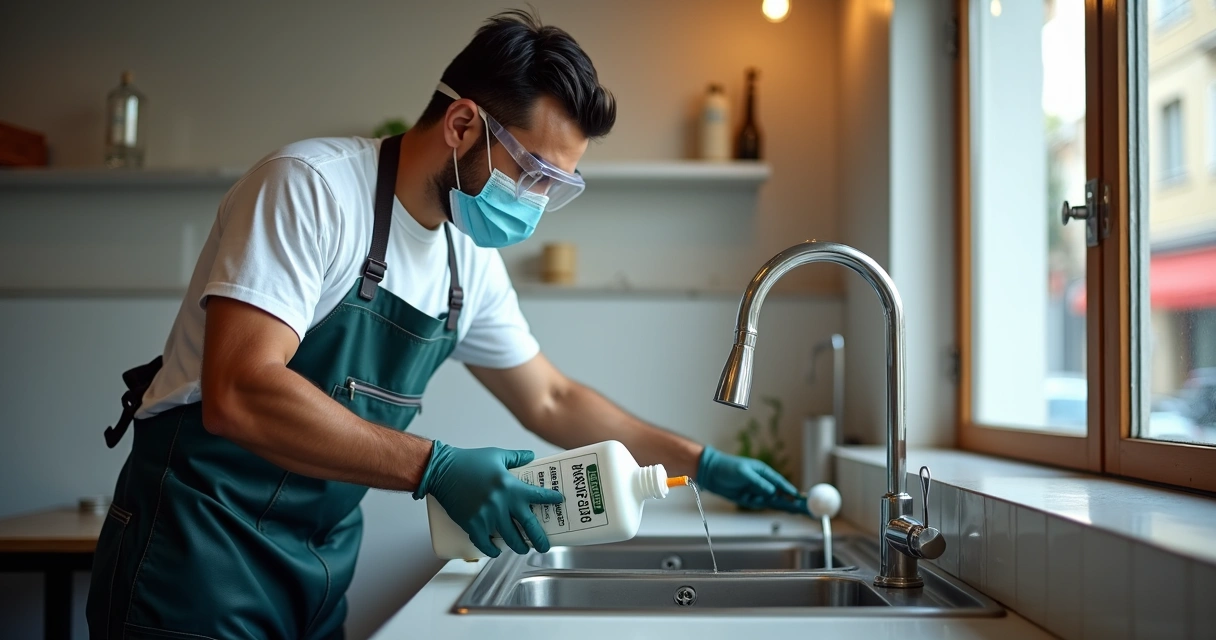 Homem com luvas e óculos de proteção usando desentupidor químico 