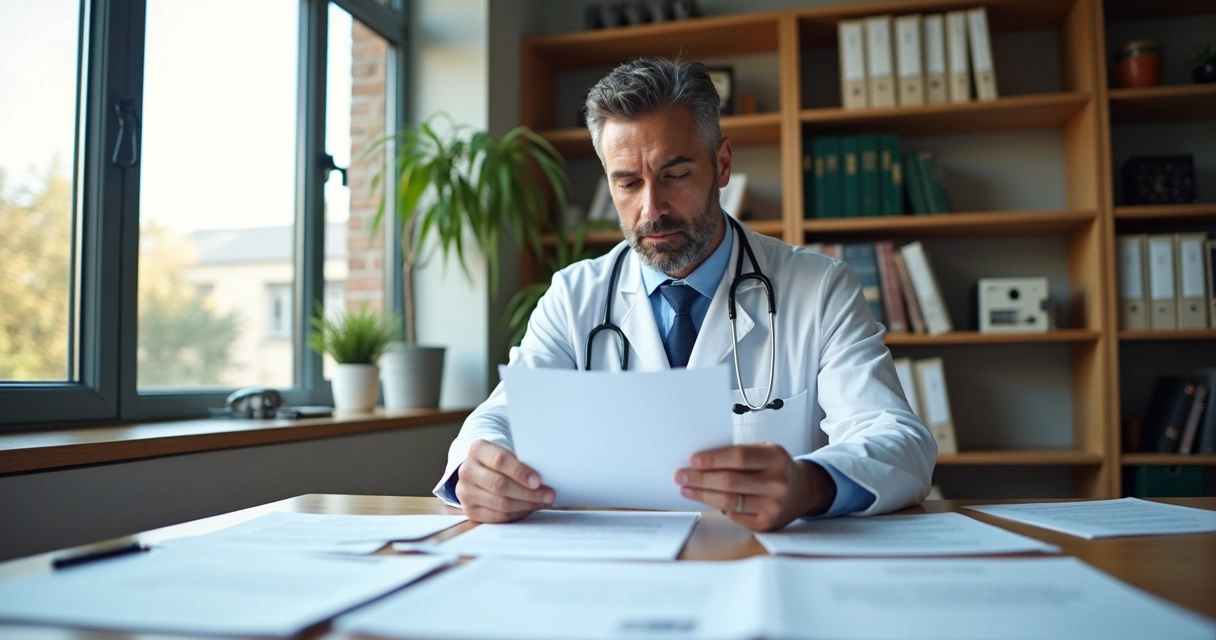Médico analisando documentos jurídicos sobre proteção patrimonial