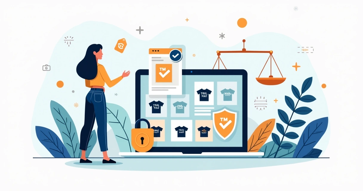 Ilustração de empreendedora protegendo sua marca em um marketplace digital 