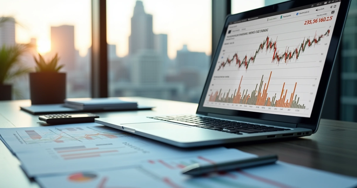 Mesa de escritório com gráficos financeiros impressos, computador exibindo cotações de commodities e calculadora ao lado 