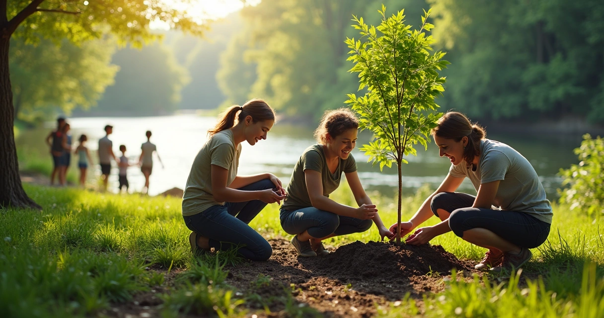 Pessoa plantando árvore em ambiente natural protegido por outras pessoas