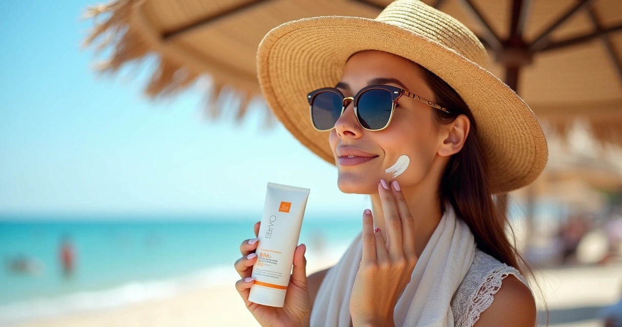 Mulher aplicada de protetor solar se protegendo do sol de verão perto da praia 