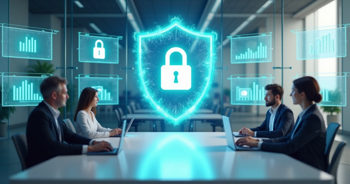 Ilustração de PME protegendo ativos digitais com escudo virtual 