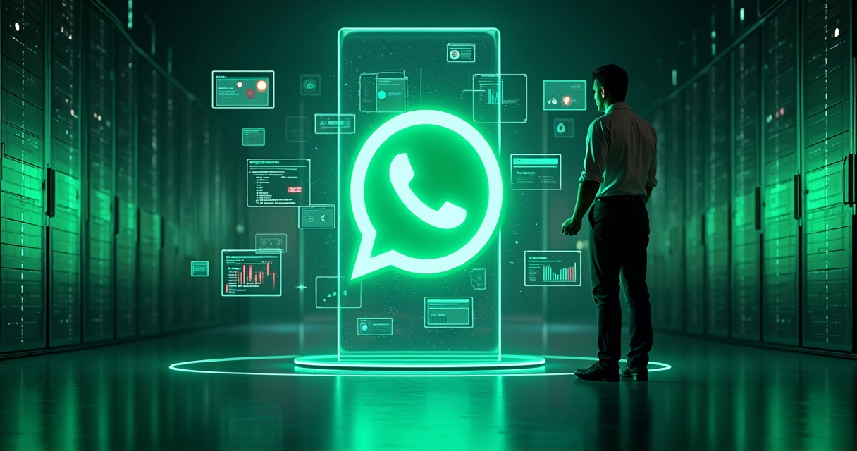 Gestor protegendo número corporativo do WhatsApp com escudo digital em parede de números verdes 