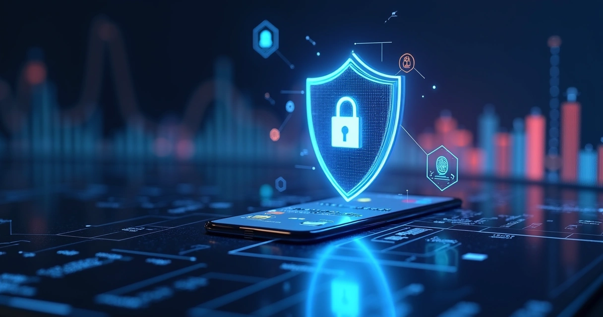 Ilustração de proteção de pagamentos digitais de alto risco com escudo sobre cartão e gráficos 