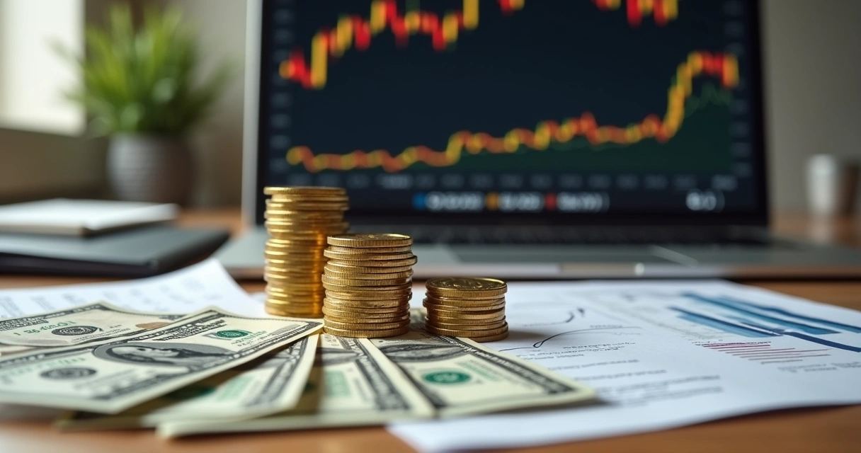 Mesa com diferentes tipos de investimentos representados por moedas de ouro, cédulas de dólar, gráficos financeiros e documentos legais 