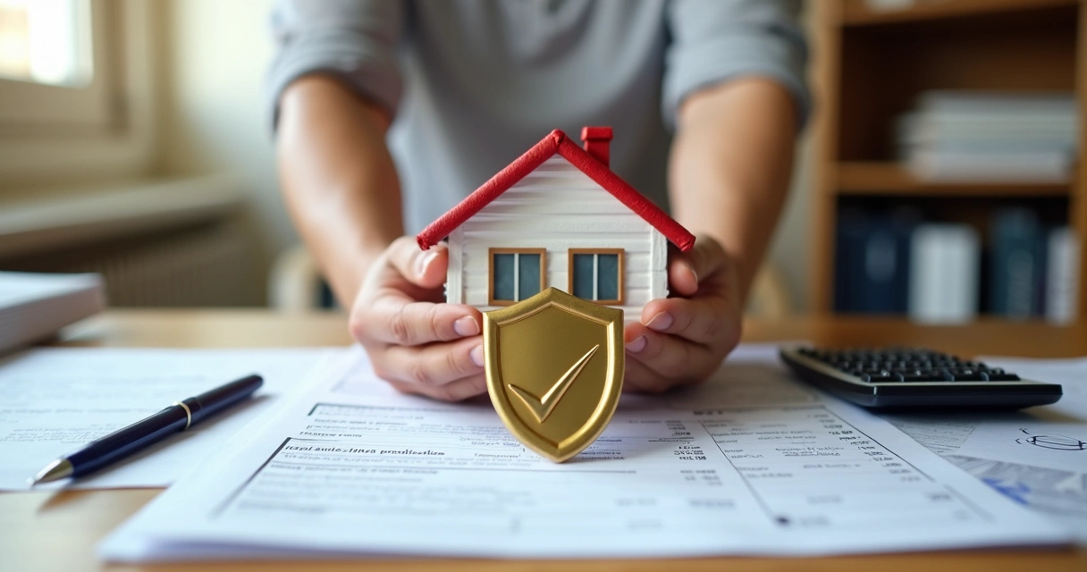 Pessoa segura casa em miniatura e escudo dourado sobre pilha de boletos bancários 