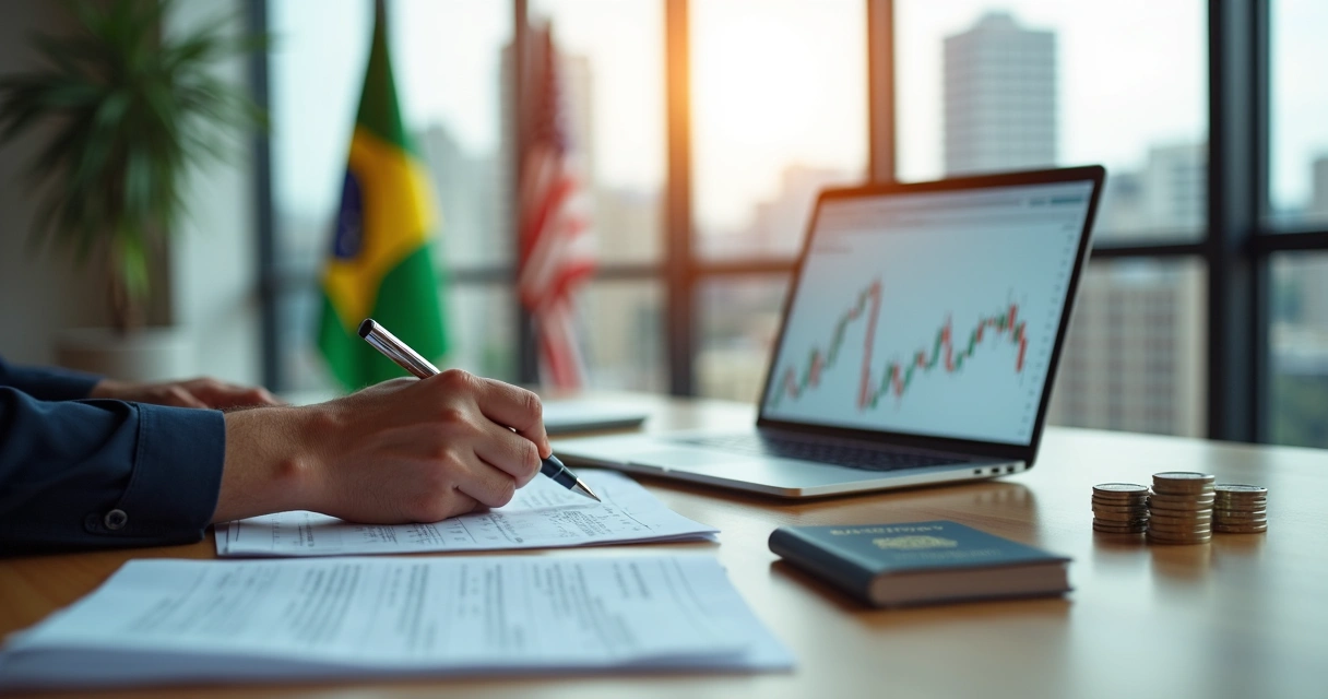 Pessoa analisando patrimônio em dólar com bandeiras do Brasil e dos EUA ao fundo 