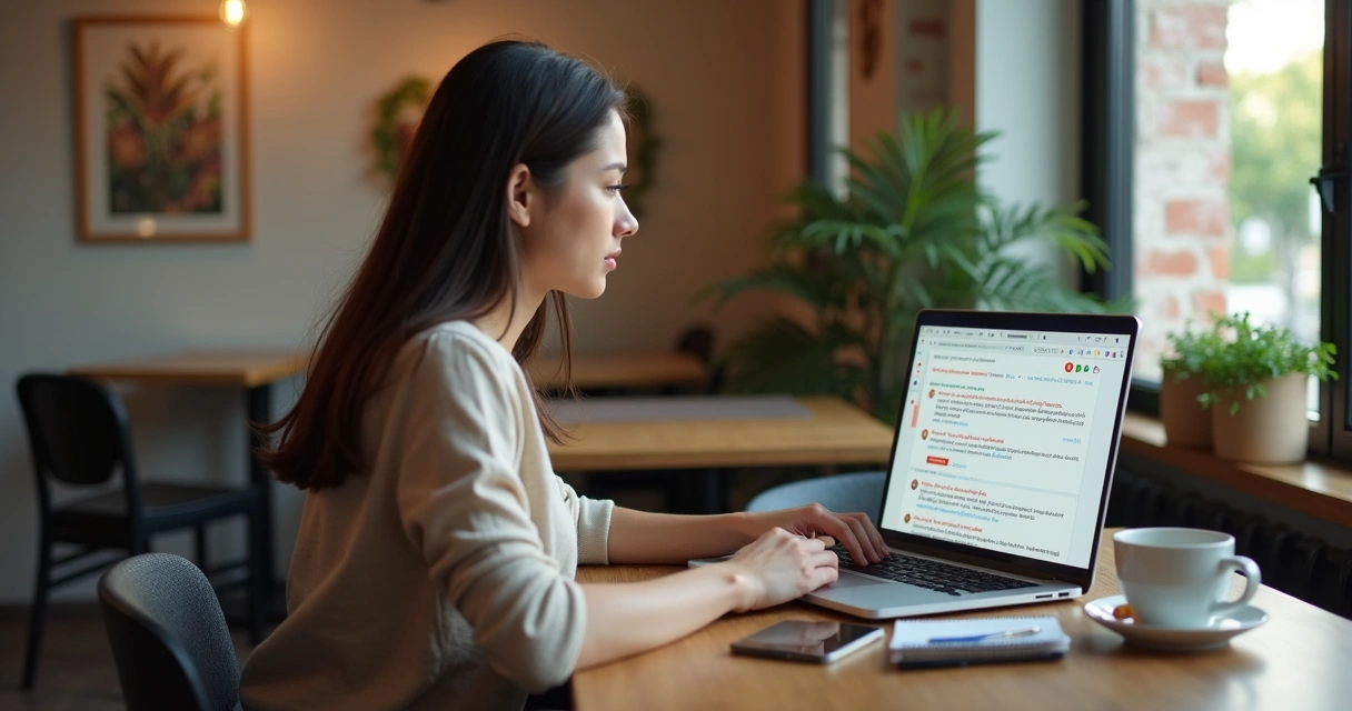 Pessoa usando notebook em cafeteria com alertas visuais de e-mails suspeitos na tela 