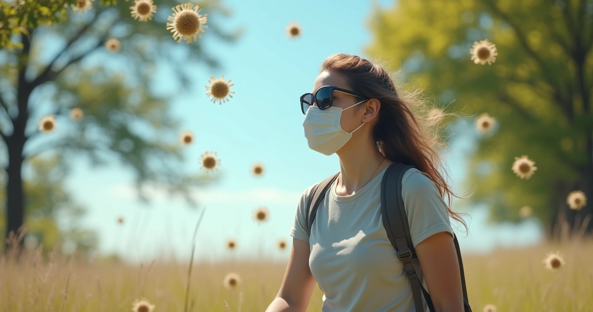 Pessoa usando máscara e óculos de sol caminhando em área com árvores e pólen no ar 