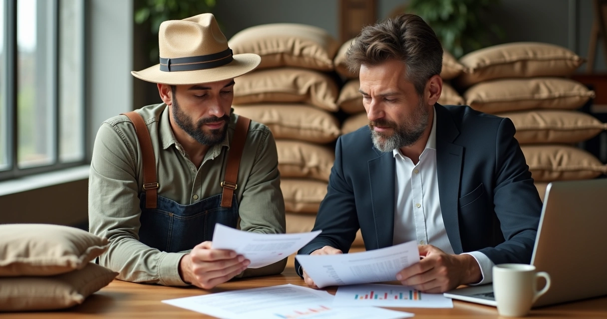 Agricultor e empresário analisando contratos de mercado futuro com sacas de café ao fundo 