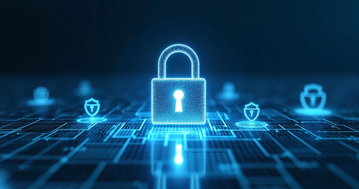 Símbolo de cadeado sobre folha de dados digitais iluminados