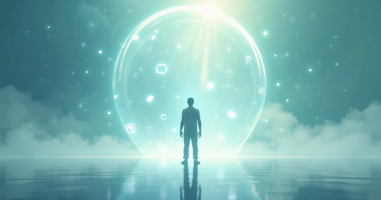 Ilustração de uma figura humana envolta por uma barreira translúcida representando proteção psíquica interna. 
