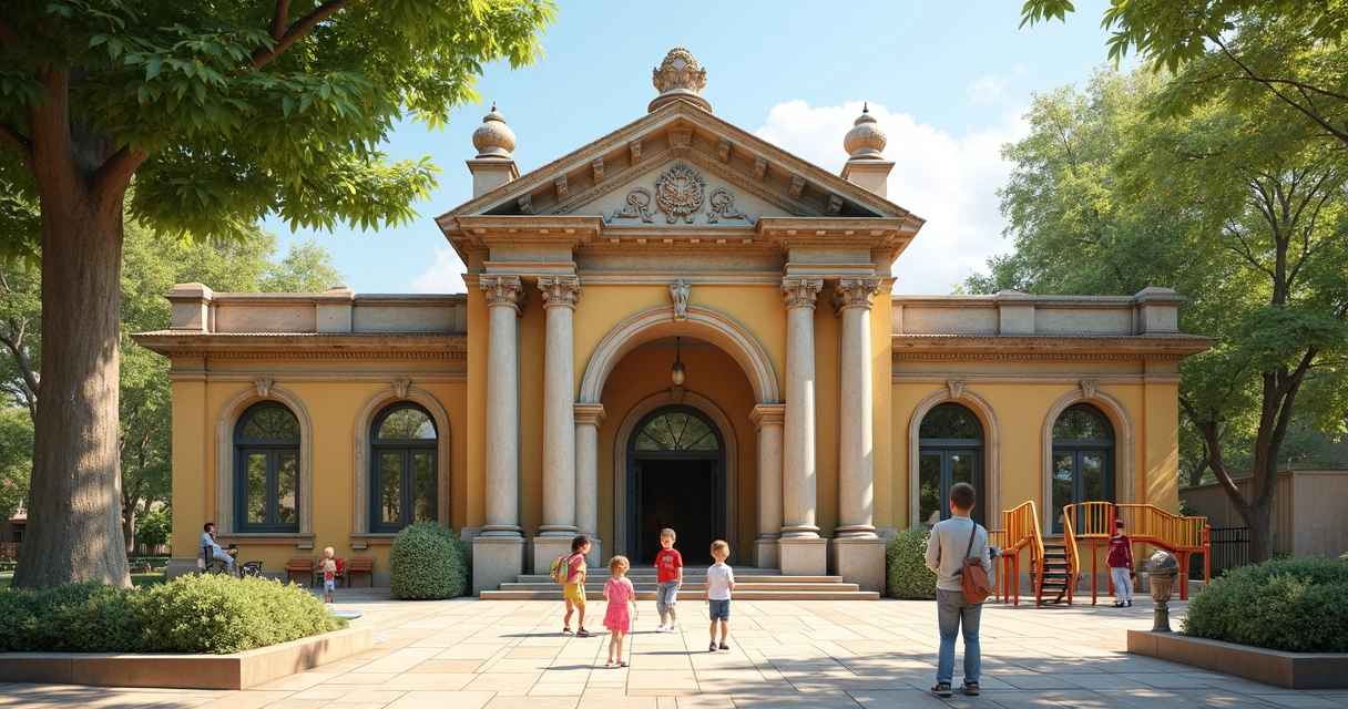 Imóvel público antigo restaurado com crianças brincando na frente 