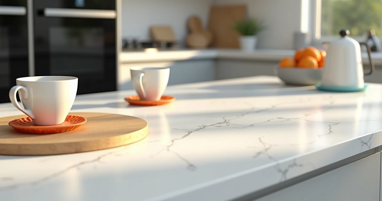 Proteção bancada quartzo branco na cozinha com utensílios protegendo o material 