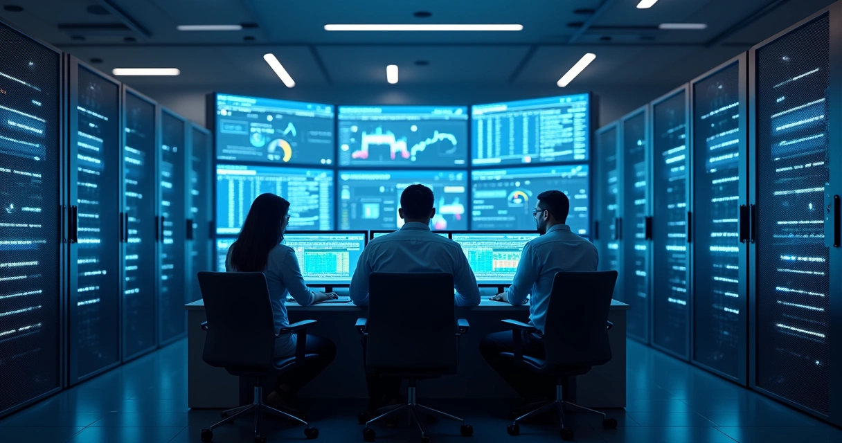 Sala de servidores moderna iluminada por luz azul com equipe de TI monitorando dados em telas grandes