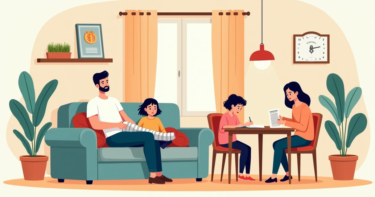 Família reunida, pai afastado do trabalho e crianças estudando 