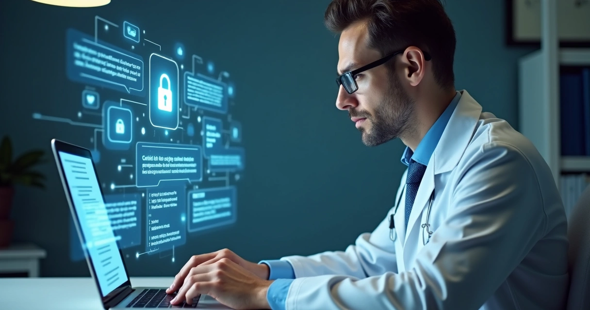 Médico revisando com atenção sua presença online em um notebook, símbolos de cadeado e escudo digital na tela 