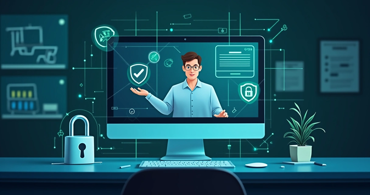 Ilustrações sobre proteção de dados em EAD, com cadeado digital e computadores ao fundo 