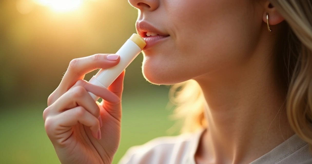 Pessoa passando protetor labial ao ar livre 