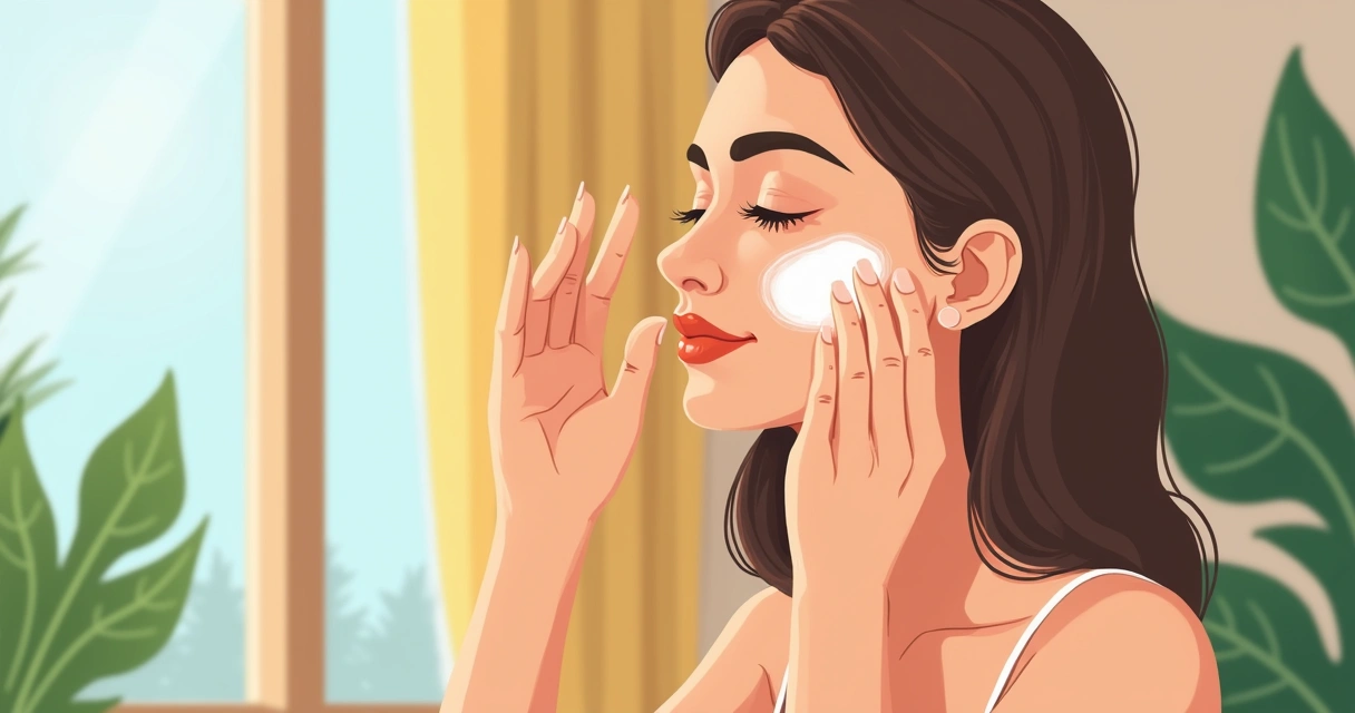 Mulher aplicando protetor solar no rosto com fundo de plantas 