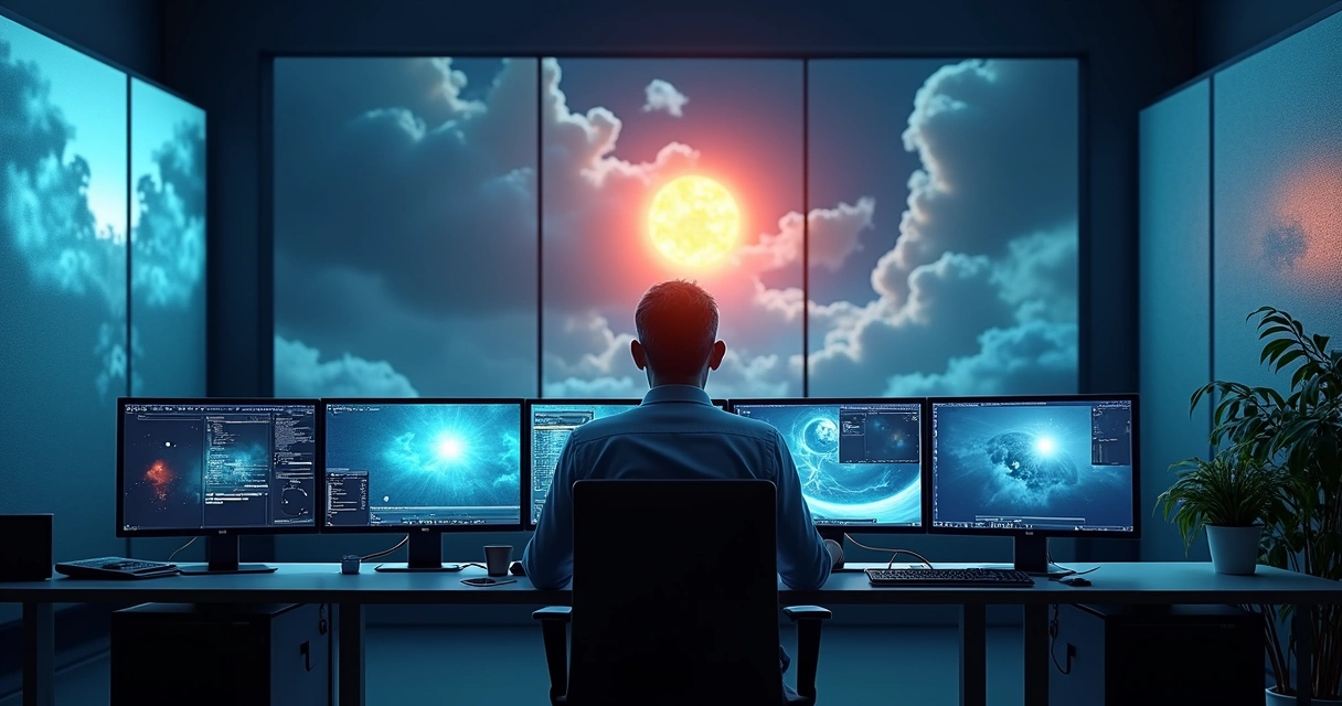 Profissional de TI protegendo sistemas de tempestade solar
