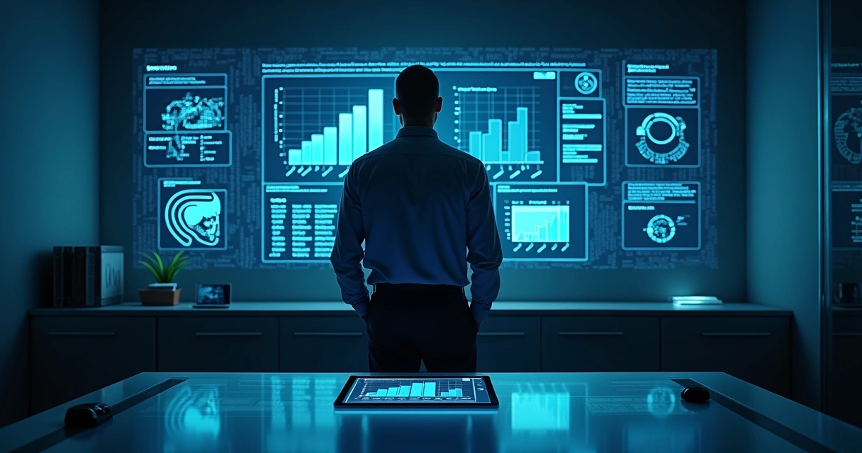 Profissional de segurança digital analisando dados de IA em tela grande 