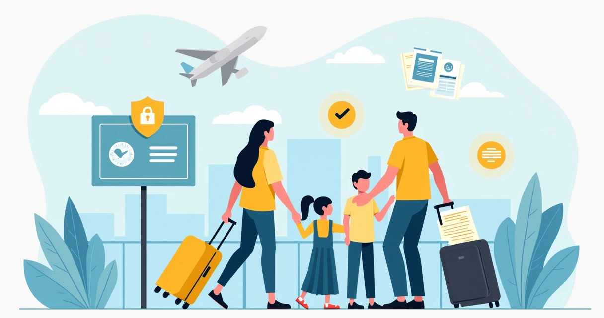 Família viajando protegida com seguro, elementos de segurança e globos 