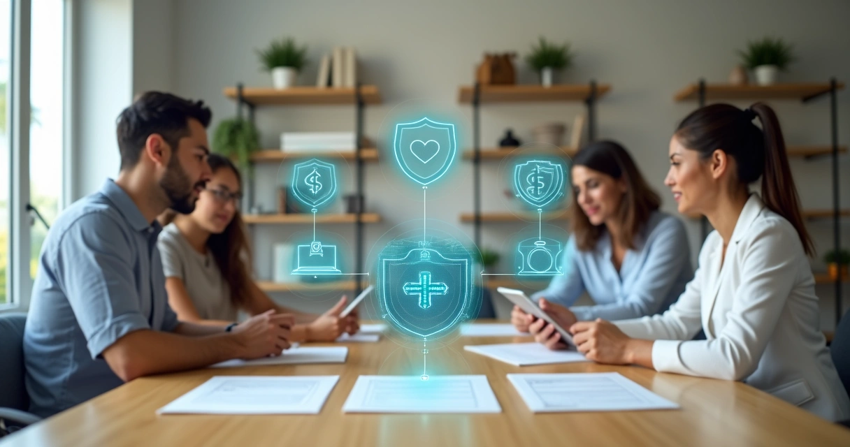 Família e consultora comparando opções de saúde e previdência em mesa com ícones digitais 