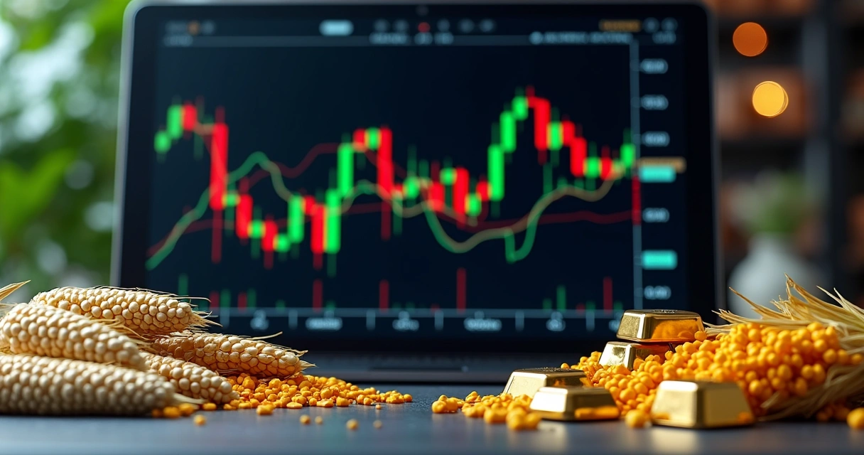 Gráfico financeiro com variações de preços de commodities em fundo com elementos agrícolas e metálicos 