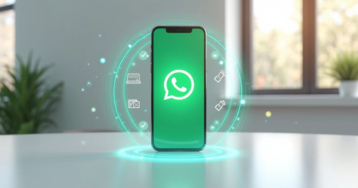 Ilustração realista de smartphone com ícone do WhatsApp protegido por barreira digital luminosa 