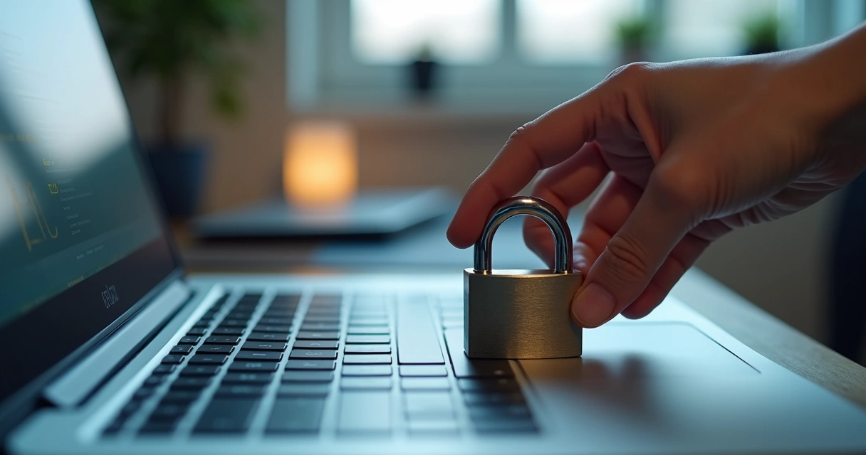 Mão segurando cadeado sobre teclado de notebook, representando proteção de dados.