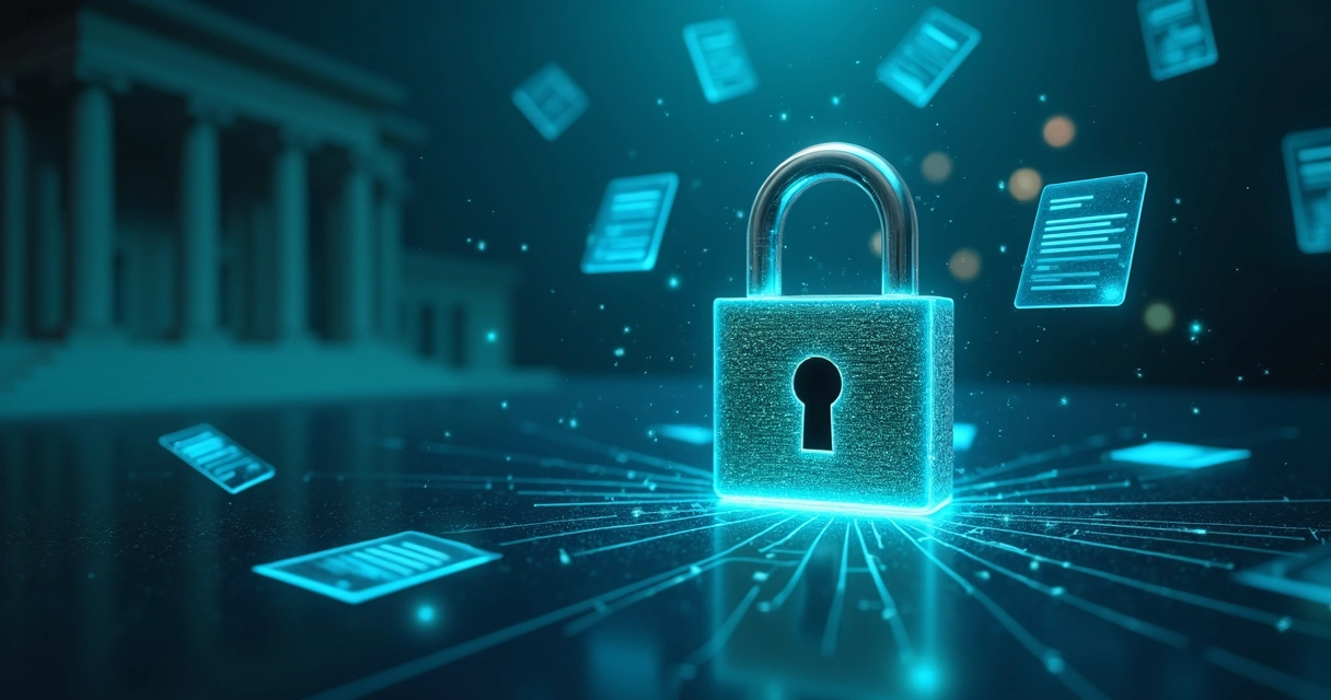 Representação de proteção de dados jurídicos com cadeado digital e documentos 