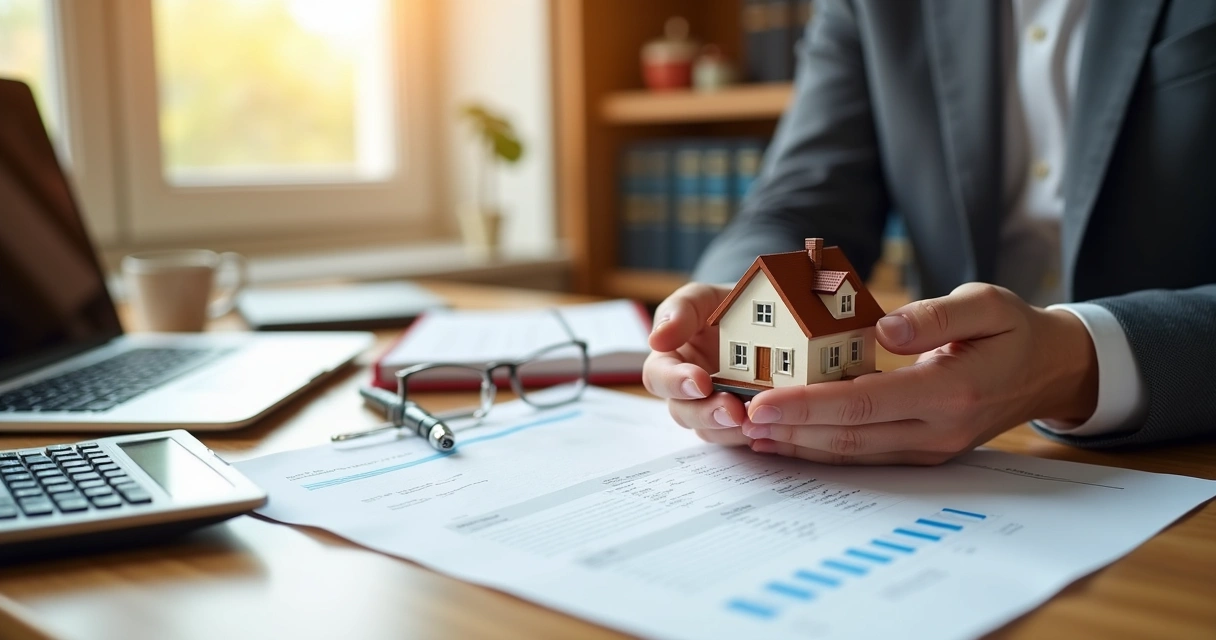 Mesa elegante com documentos jurídicos, calculadora, e mãos segurando uma casa em miniatura mostrando proteção patrimonial 
