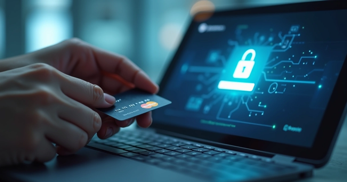Manos protegiendo tarjeta bancaria frente a pantalla digital