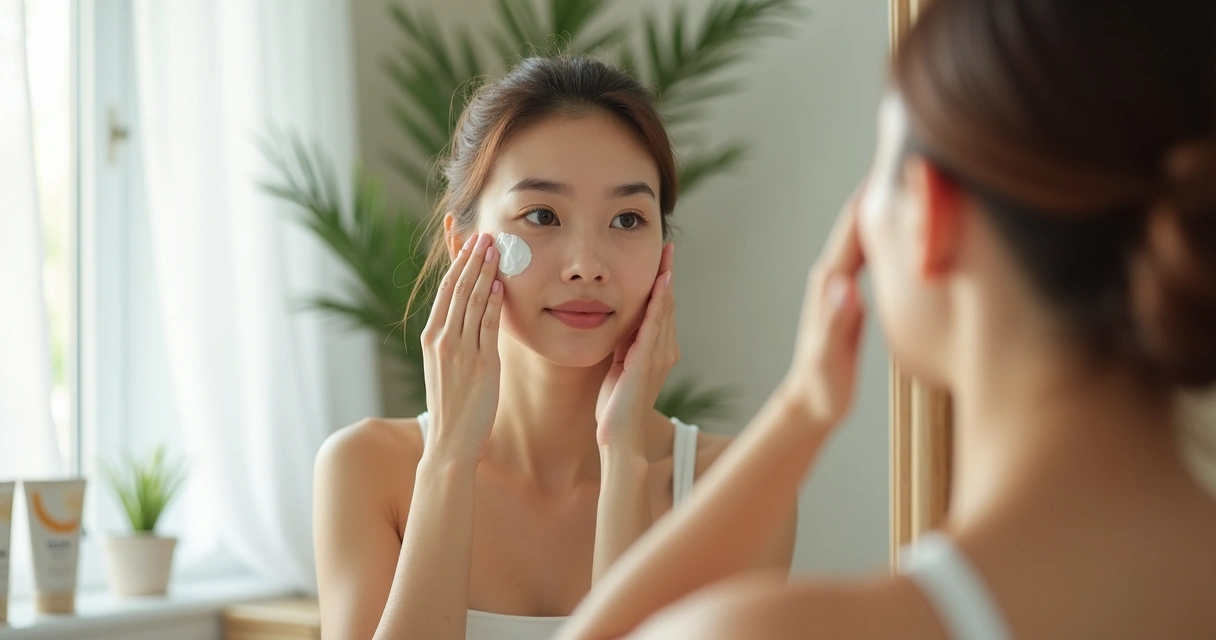 Aplicando protector solar en el rostro frente al espejo