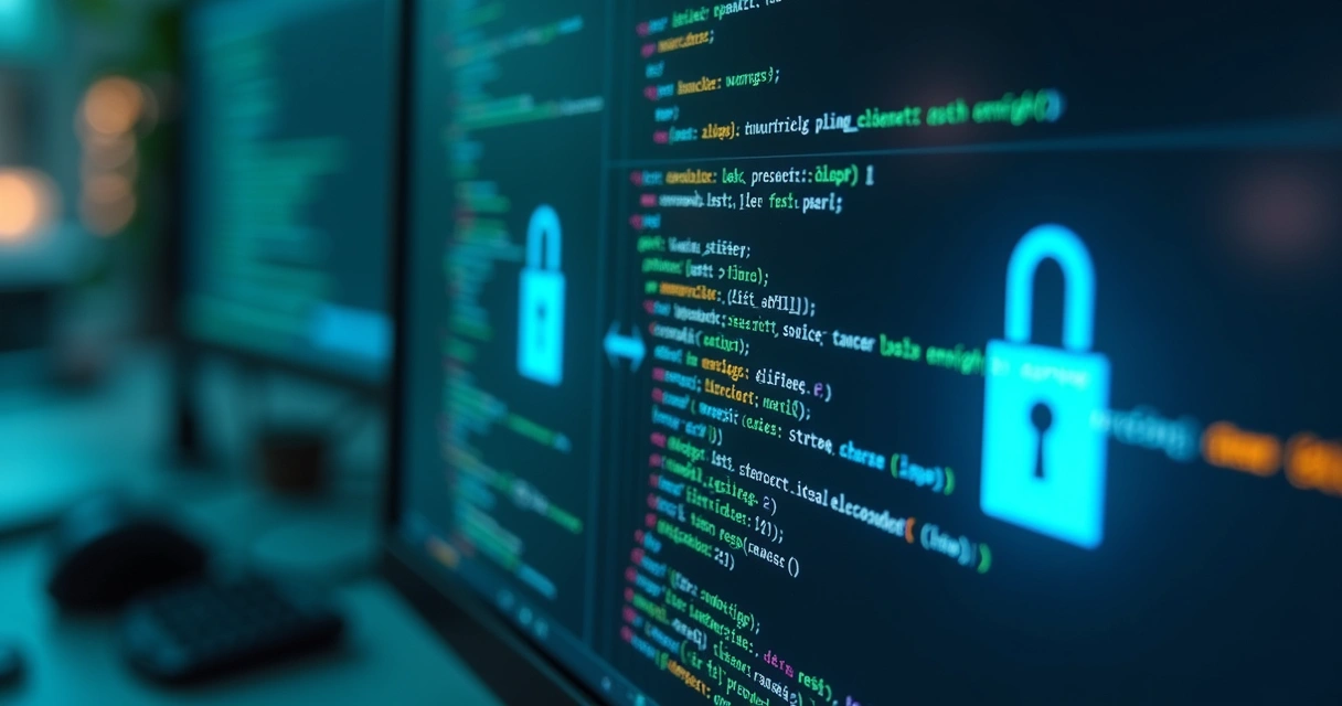 Código de software SaaS com sobreposição de símbolos de cadeado e marcas d'água digitais. 