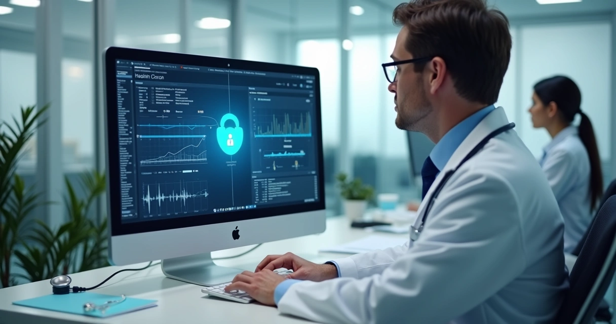 Médico usando computador em clínica, tela com prontuário digital protegido por cadeado digital e ambiente limpo ao fundo