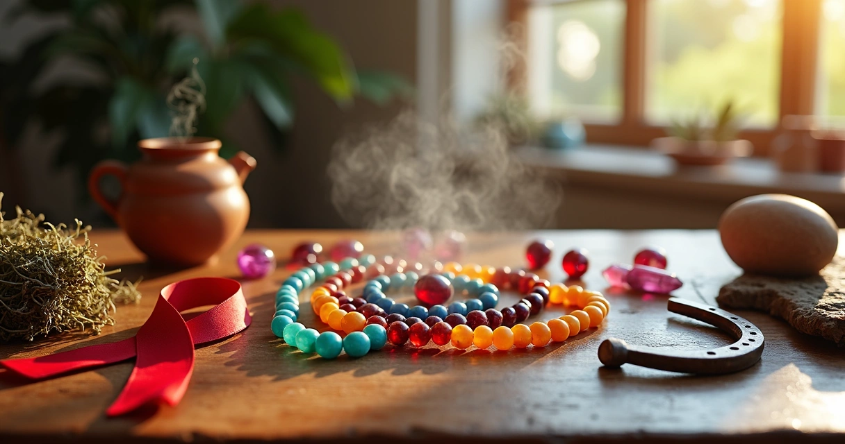 Amuletos e objetos de proteção contra energia negativa sobre uma mesa colorida 