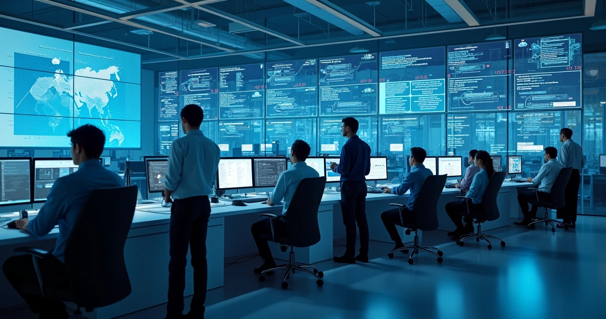 Equipe de TI configurando dispositivos IoT em um escritório moderno