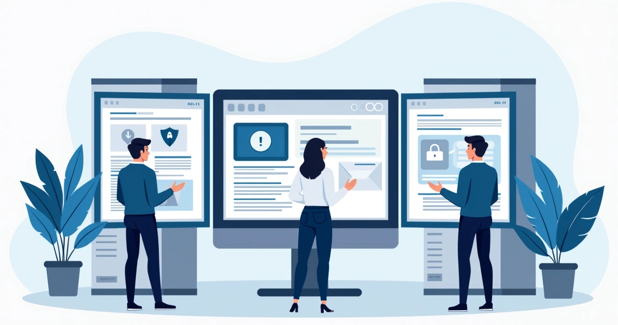 Equipe de TI monitorando servidor de chatbot com ícones de privacidade 